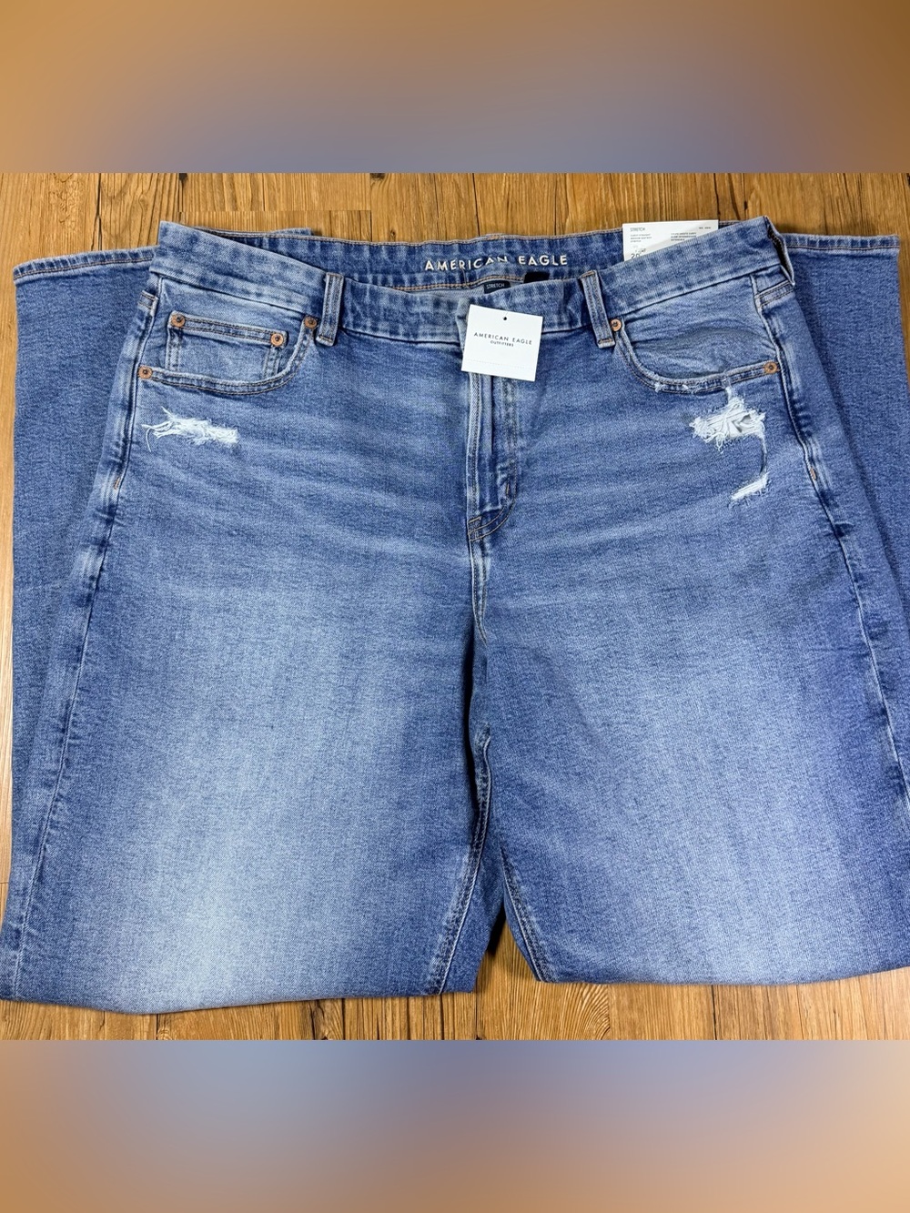 American Eagle Curvy Straight Jeans Womens 20 Long Stretch Distressed Blue NWT